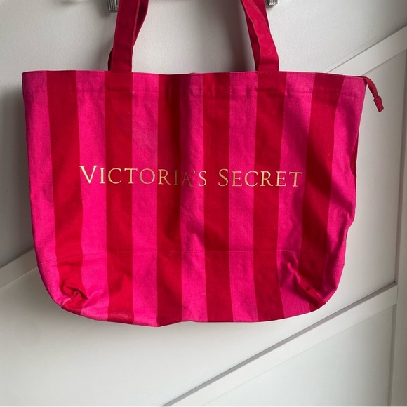 Oversized Victoria’s Secret Logo Canvas Tote weekend travel bag pink sripes - Picture 8 of 9